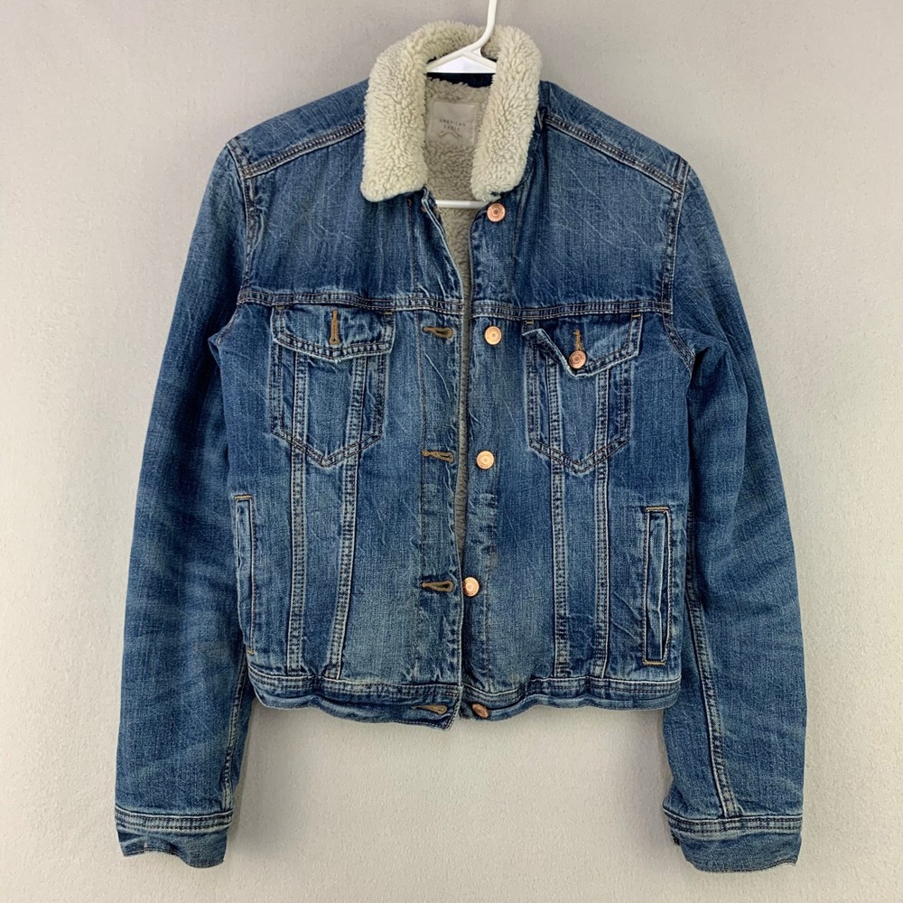 American Eagle Sherpa Jean Jacket Women Medium Blue Denim Trucker Retro Biker